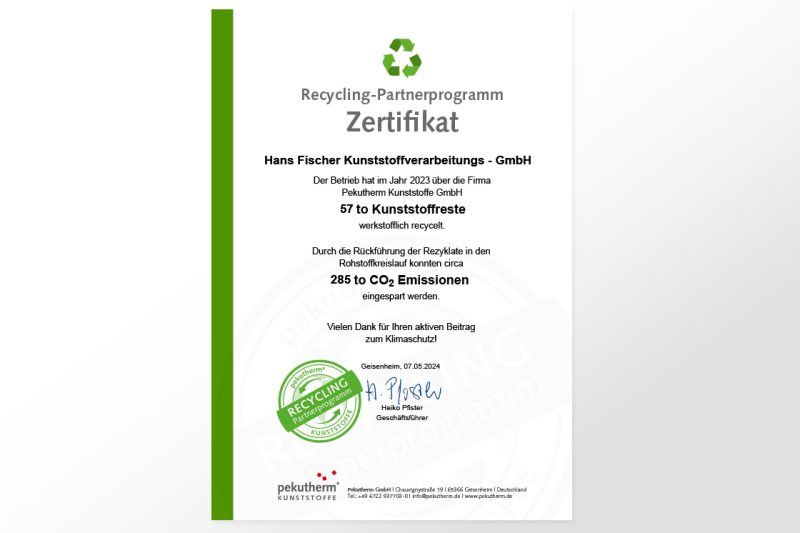 Hans Fischer Recyling-Zertifikat 2023 - Abbildung des Zertifikats mit Text und Siegel von Pekutherm